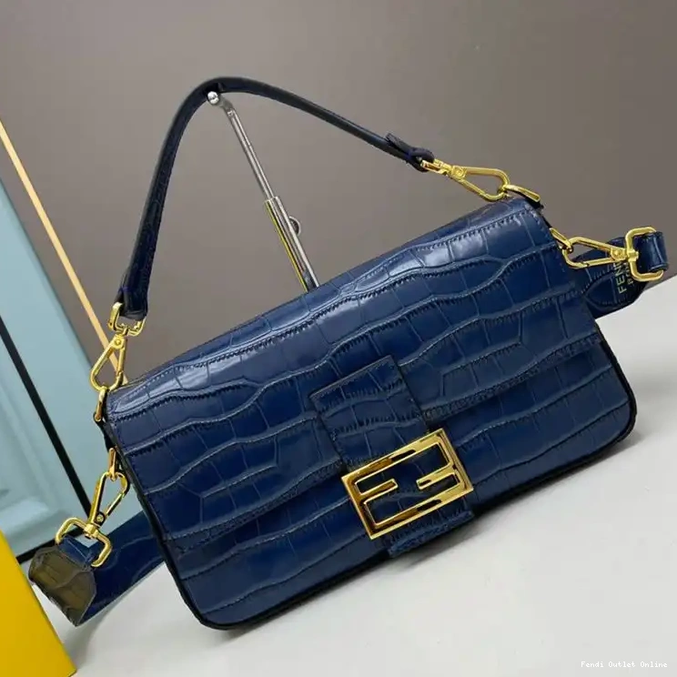 Affordable Fendi In Baguette Leather Crocodile Medium Blue Bag 0618